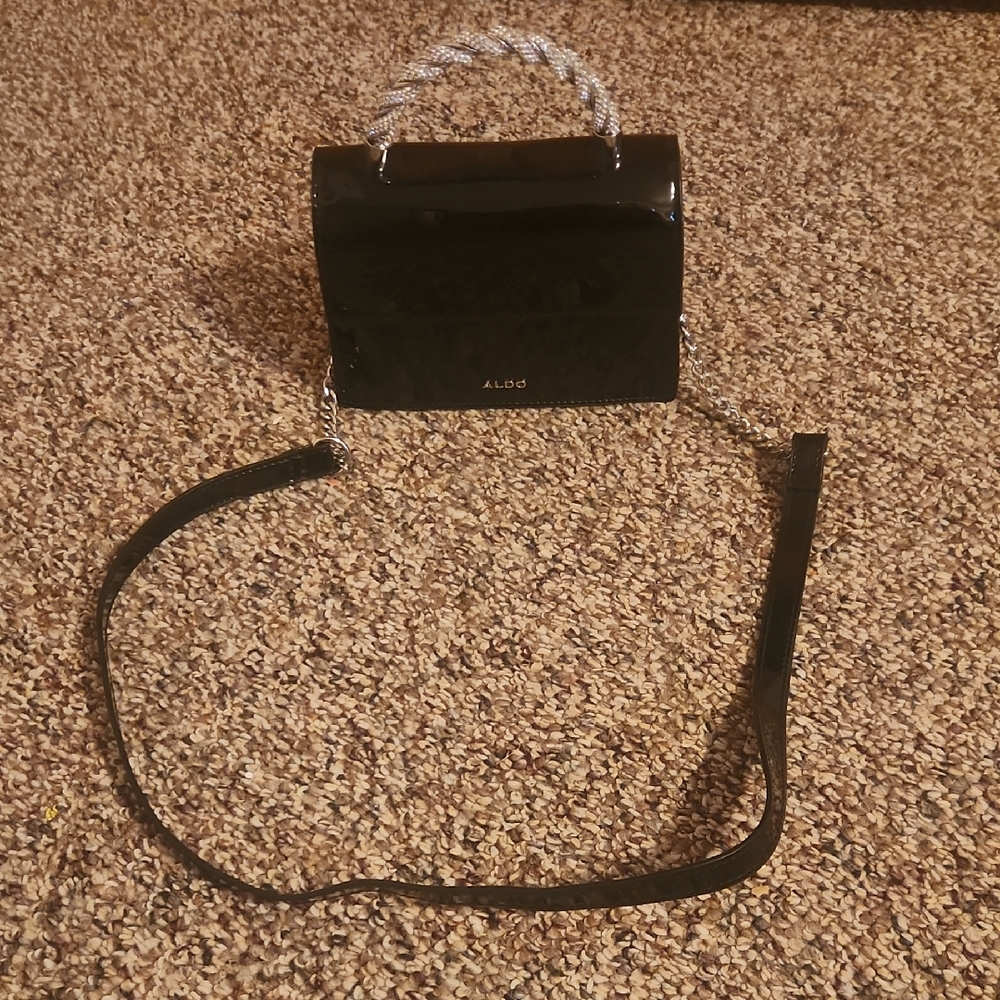 Aldo Glossy Black Crossbody Bag with Silver Accents
